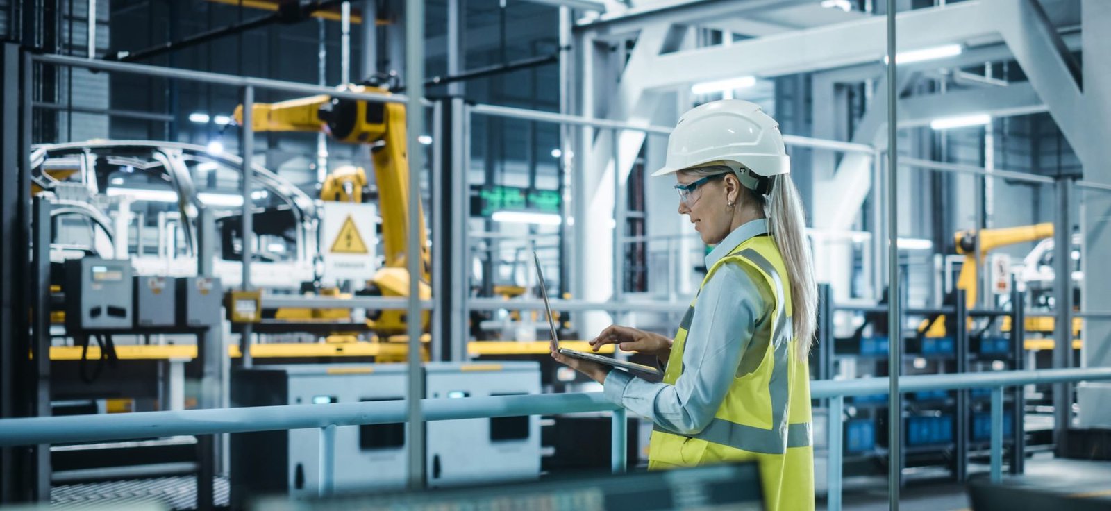Une femme utilisant un ordinateur portable dans une usine